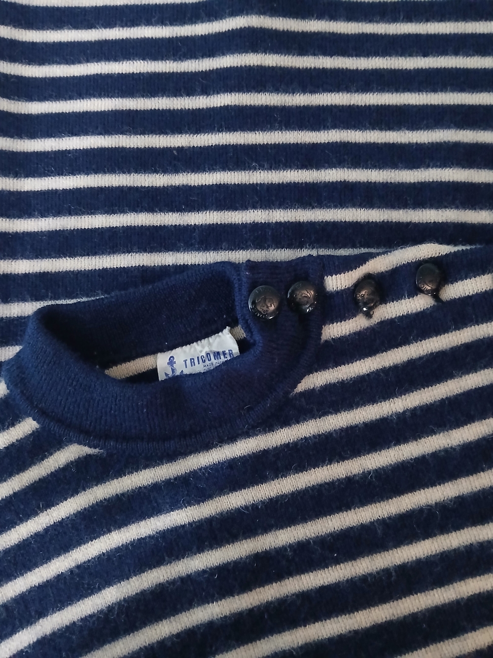 Vintage Tricomer Striped Navy and Cream Wool Sweater